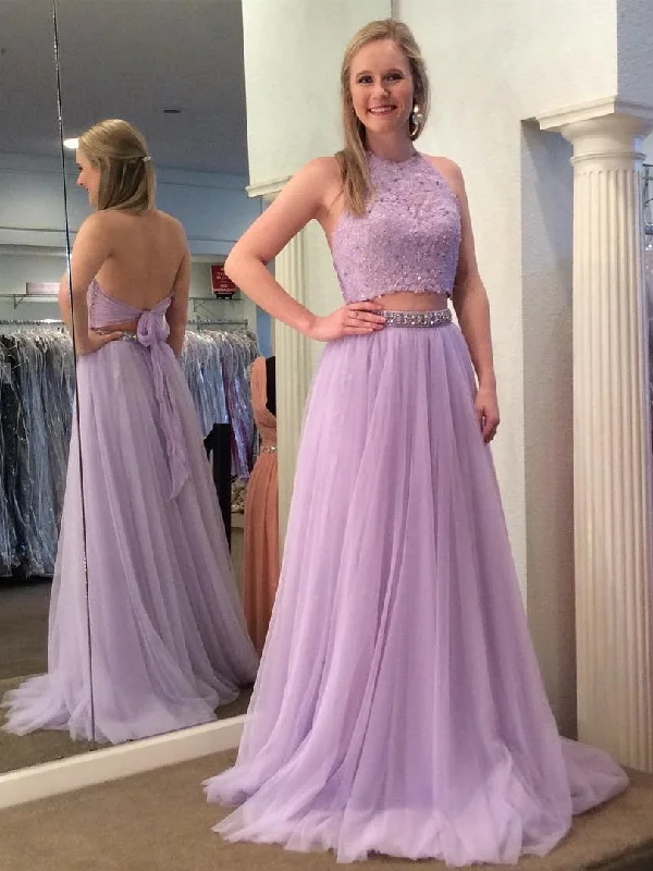 Lilac Two Piece Halter Lace Top Prom Dress Graduation Dress