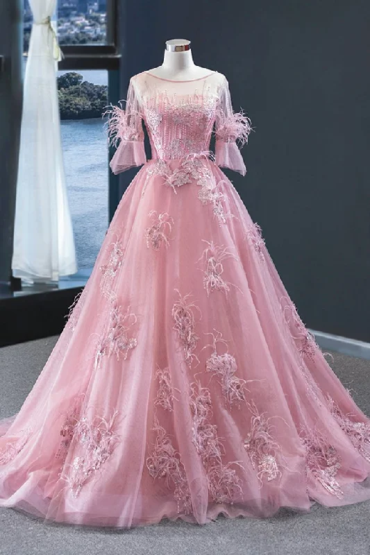 Blush Pink Ball Gown with Sleeves Pink Formal Dress Long