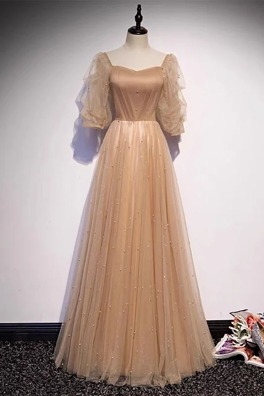 Champagne Flowy Prom Dress with Sleeves