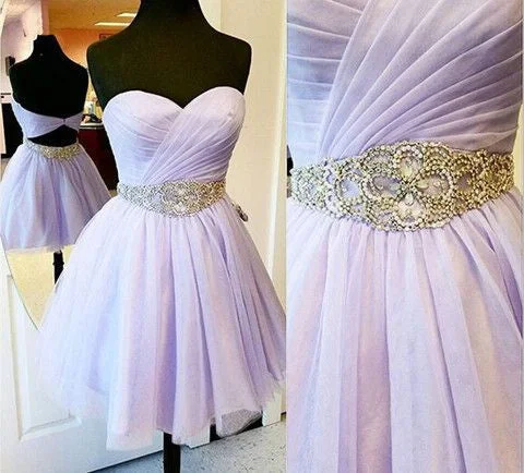 Lavender Chiffon Sweetheart Neck Homecoming Dress with Rhinestone Bead Waist Panel