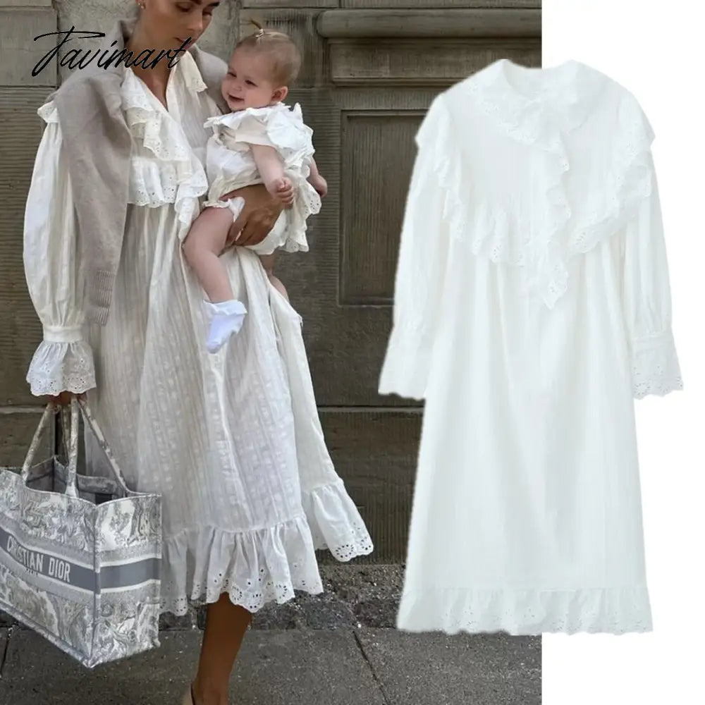 Tavimart Bohemian Vintage Dress Women Ruffles Embroidery White Color Loose Maxi
