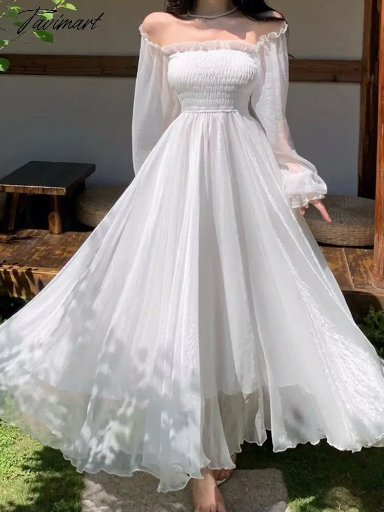 Tavimart Elegant White Dress Women Sexy Off Shoulder Long Dress Fashion Puff Sleeve Elastic High Waist Dress Lady Casual Party Gown Dress