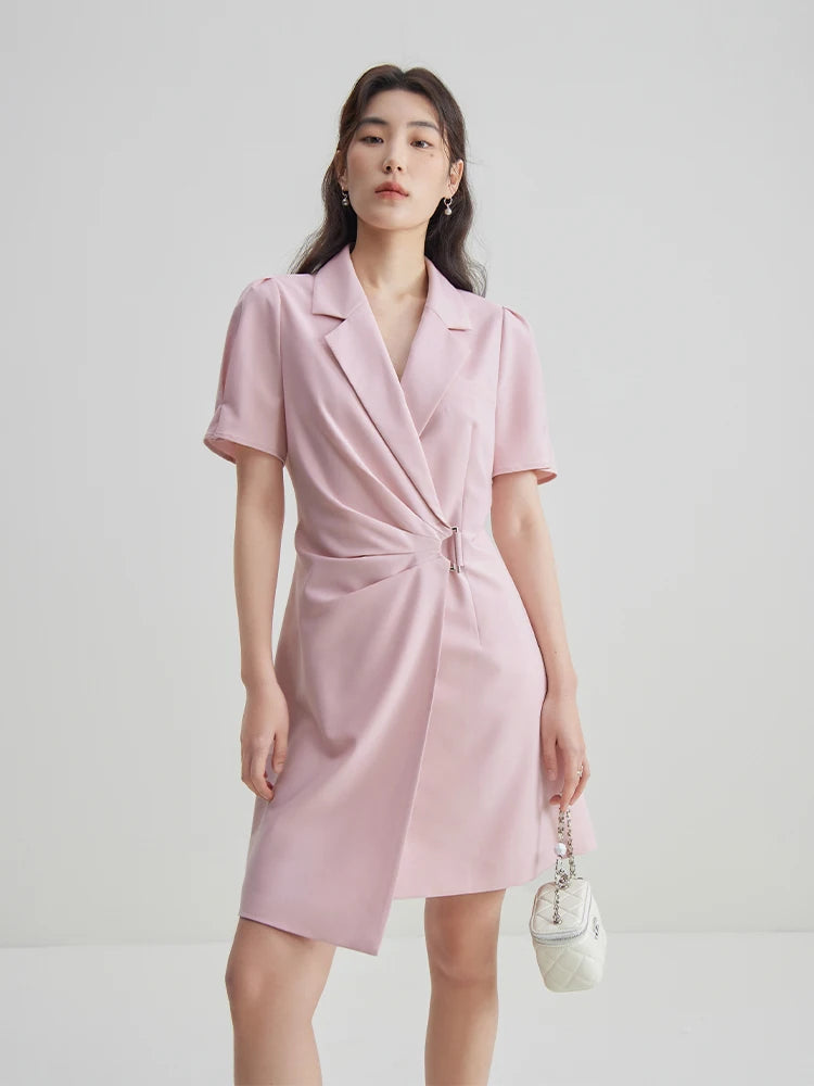 Bonnyshow 【3 Colors】Notched Collar Women Black Commuter Knee-Length Dress Short Puff Sleeve Asymmetrical Summer Suit Dress Bonnyshow 【3 Colors】Notched Collar Women Black Commuter Knee-Length Dress Short Puff Sleeve Asymmetrical Summer Suit Dress