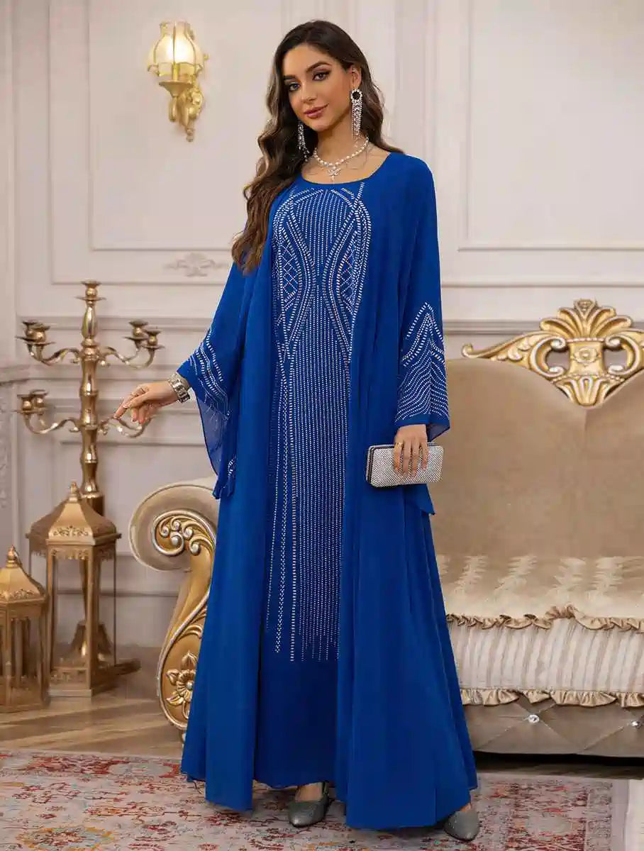 Eid Hotfix Rhinestones Chiffon Caftan Kaftan Dress #25447