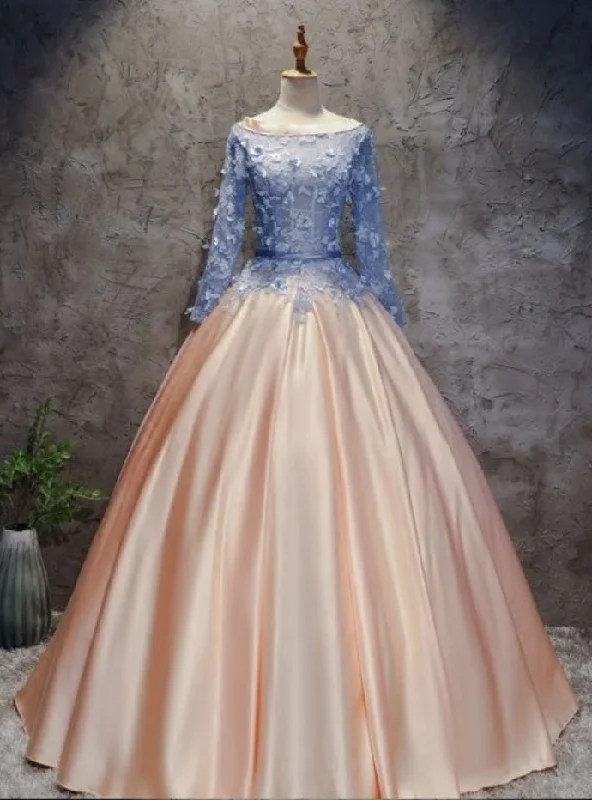 Scoop Neck Blush Pink Ball Gown Prom Dress with Sleeves