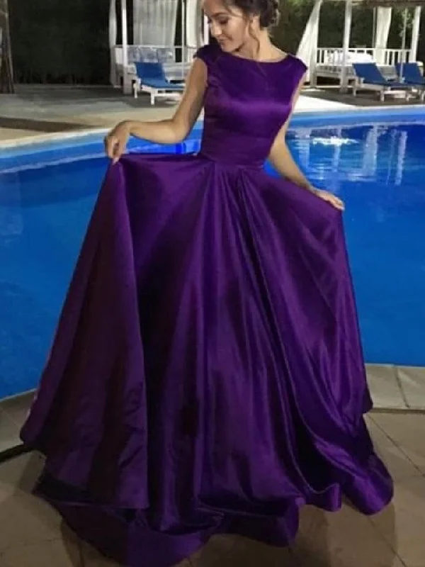 Modest Vintage Style Bateau Neck Long Purple Ball Gown Prom Dress