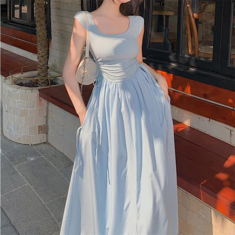 Bonnyshow  Women Summer Style Dress Lady Casual Short Puff Sleeve O-Neck A-Line Dress Vestidos