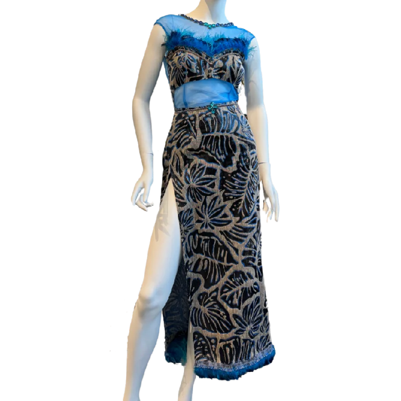Bright Blue/Black Feathered Sheath Dress