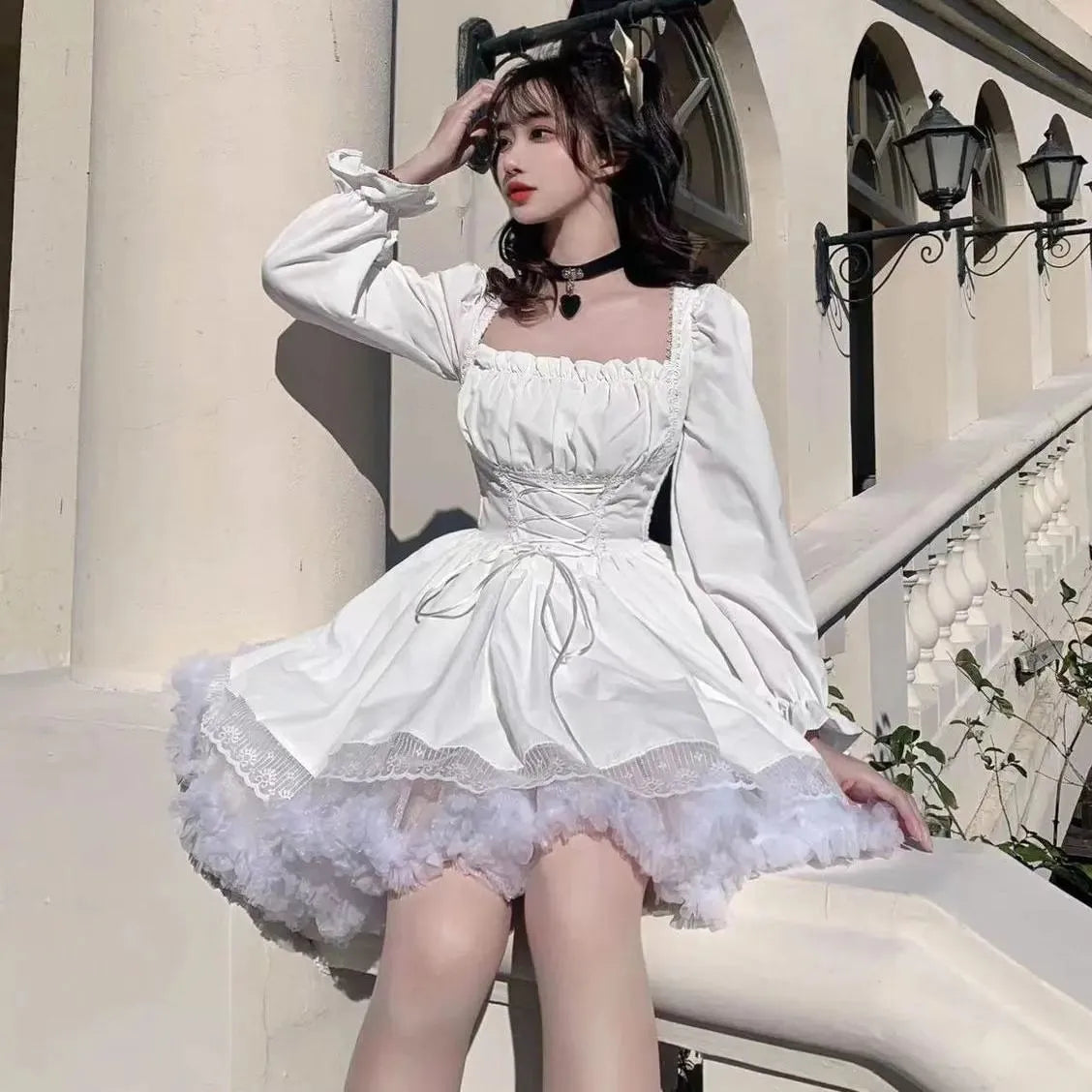 Bonnyshow  Dress Square Neck Pure Lust White Lace Dress Autumn and Winter New Fashionable Waist Slim Long Sleeve Princess Dress