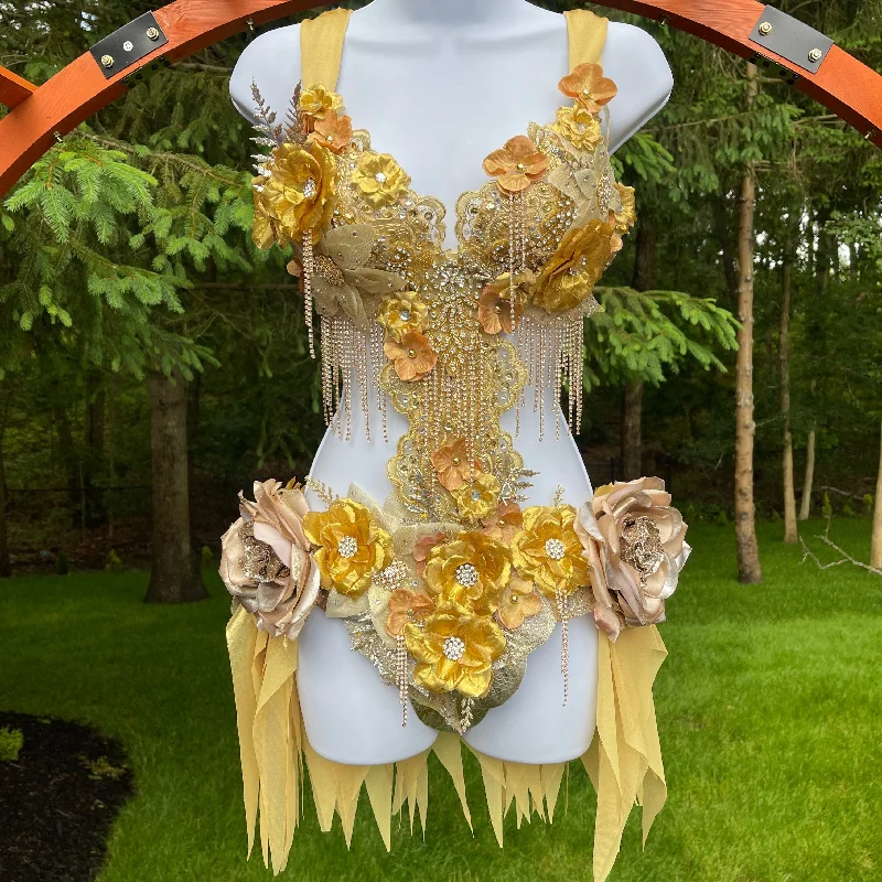 Ready to Ship - Dripping in Gold Golden Diamond Spring Fairy Goddess with Center Strap Monokini Dress Costume