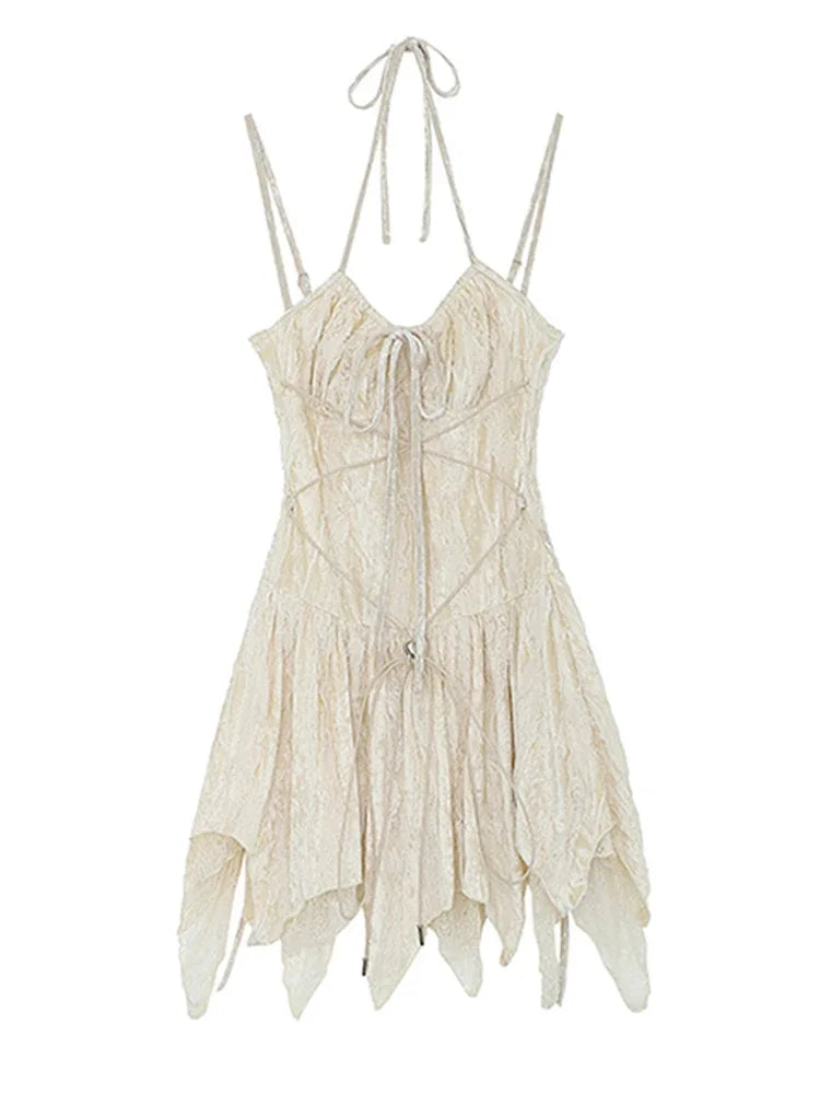 Bonnyshow Irregular V-neck Women Slim Suspender One-piece Summer A-line Tie Up Gothic Y2K Pleated Female Dress Bandage Design Chic