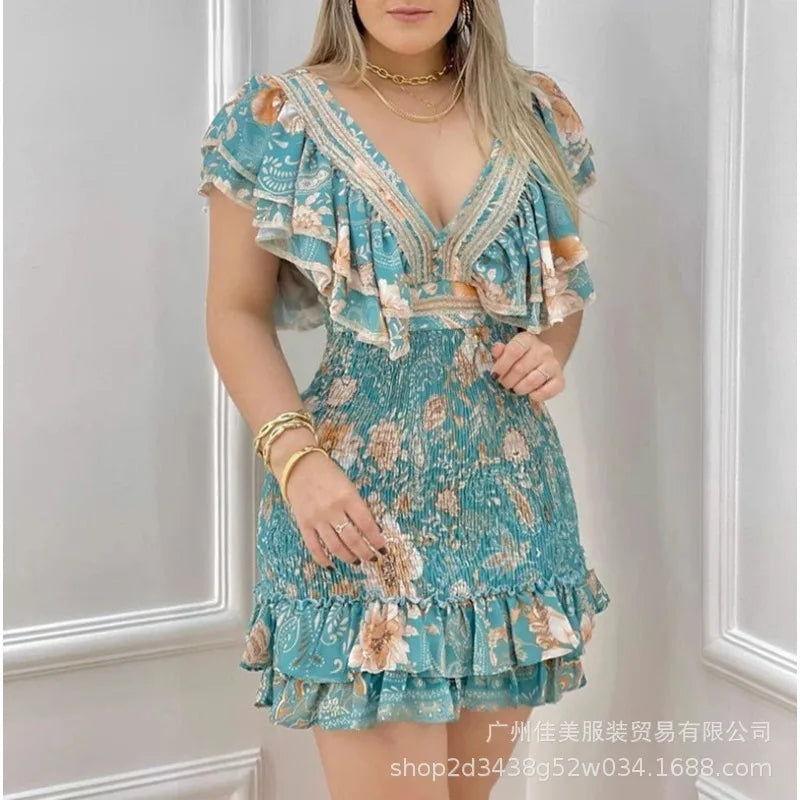 Bonnyshow Spring Summer New Women's Clothing Printed V-neck Ruffled Waist-Tight Hip-Wrapped Dress