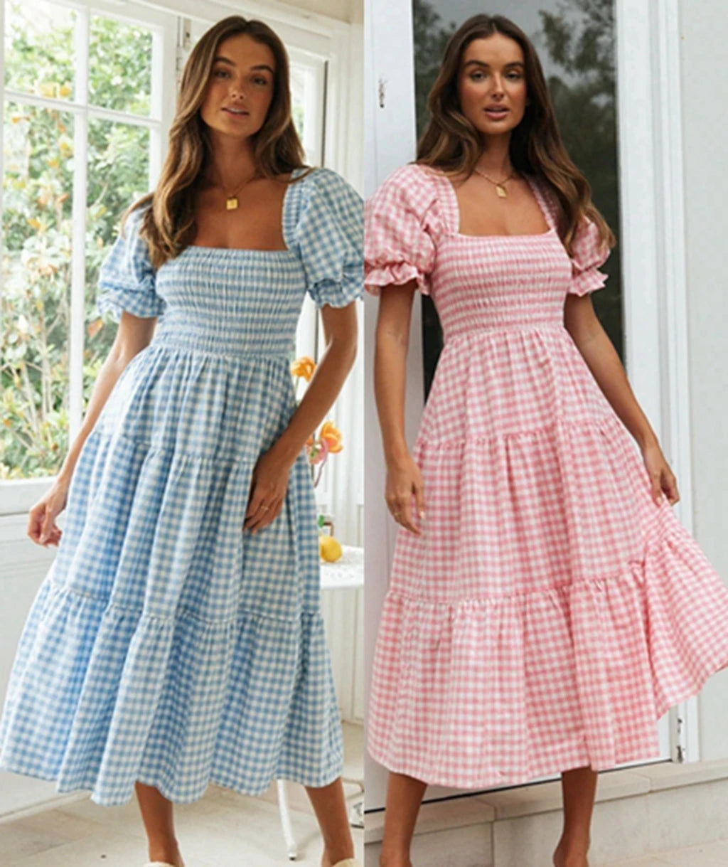 Bonnyshow Women Spring Summer Style Dress Lady Casual Short Lantern Sleeve Square Collar Plaid Printed Dress Bonnyshow Women Spring Summer Style Dress Lady Casual Short Lantern Sleeve Square Collar Plaid Printed Dress