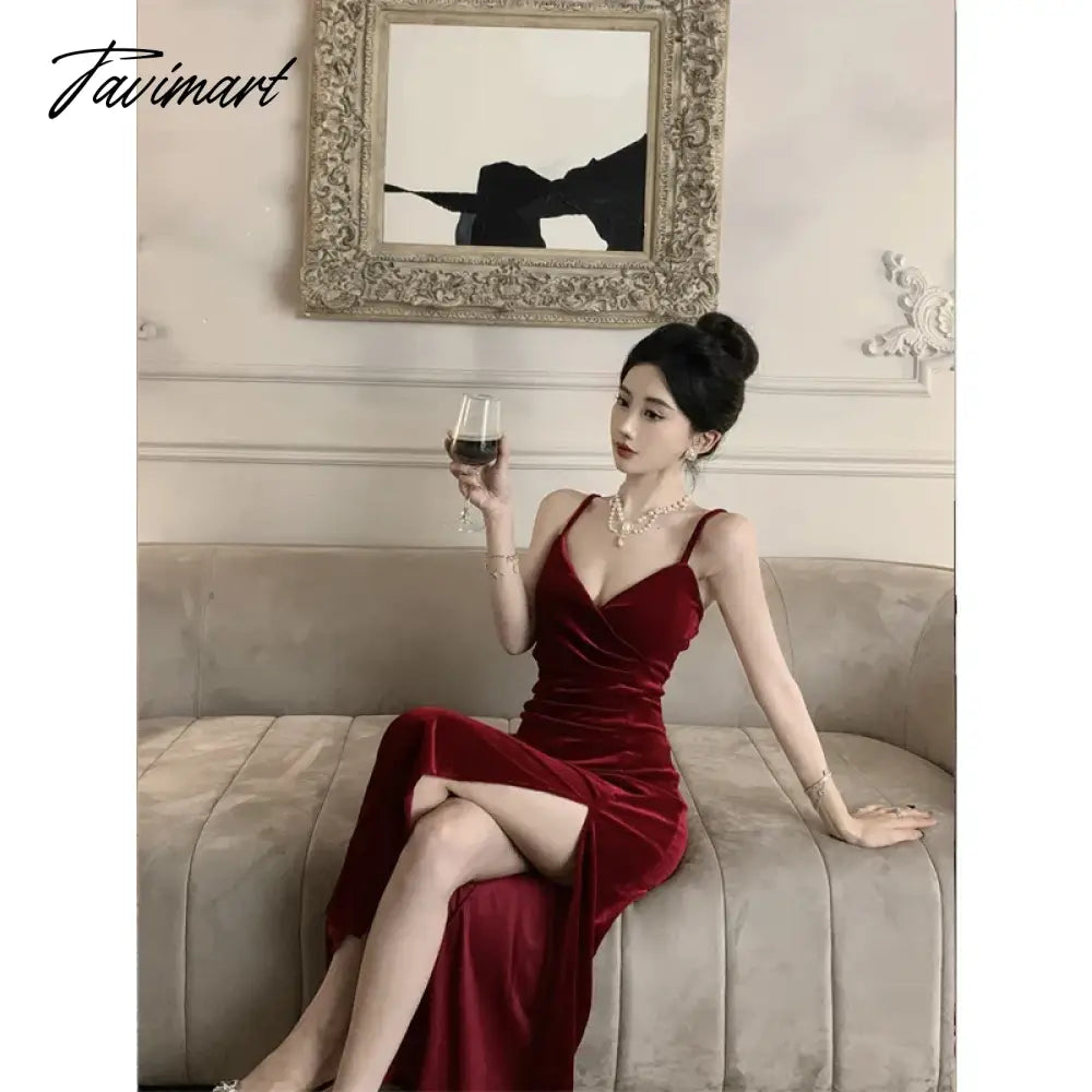 TAVIMART - Sweet Hot Girl Velvet Strap Dress Women's Autumn/Winter V-Neck Slim Fit Bottom Split Evening Long Dress Fashion Female Clothes TAVIMART - Sweet Hot Girl Velvet Strap Dress Women's Autumn/Winter V-Neck Slim Fit Bottom Split Evening Long Dress Fashion Female Clothes