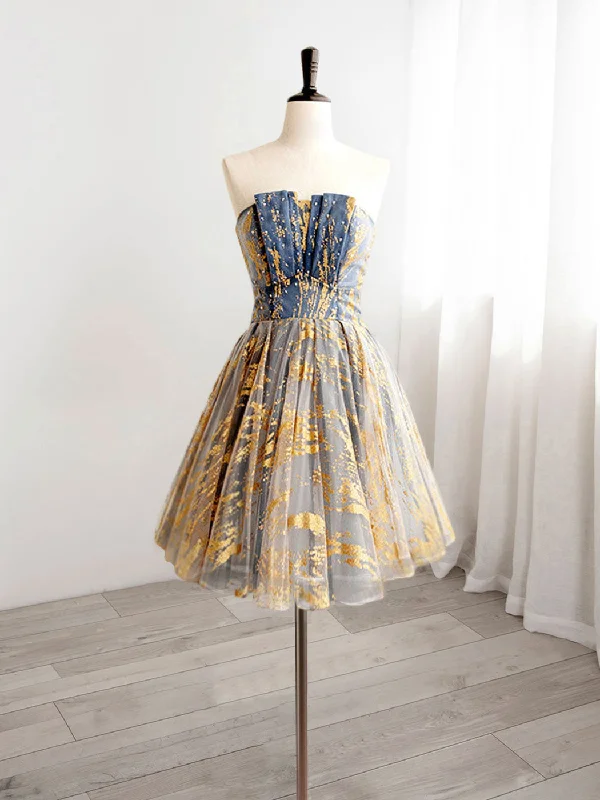 Strapless Gold/Blue Short Homecoming Dress 8th Grade Formal Dress