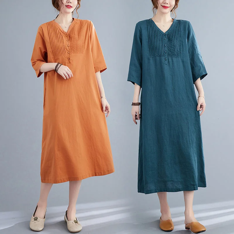 Artistic Loose Solid Color Cotton And Linen V-neck Half-length Sleeve Dress Women's Mid-length Artistic Loose Solid Color Cotton And Linen V-neck Half-length Sleeve Dress Women's Mid-length