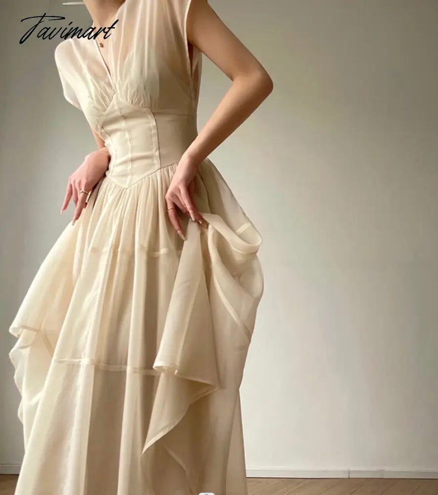 Tavimart Chic Summer V-neck Slim Waist Female Floral Printed Dress Elegant Short Sleeve Women A-line Dress Ladies Party S849