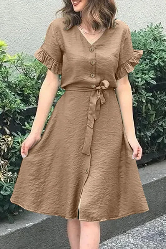 Bonnyshow Casual Simplicity Solid Frenulum Buckle Flounce V Neck A Line Dresses