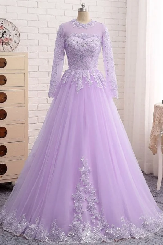 Modest Lilac Tulle Prom 8th Grade Dance Dress with Sleeves