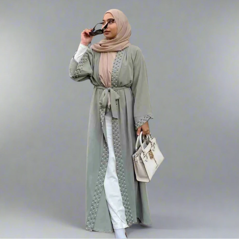Beads Decorated Open Abaya Dress