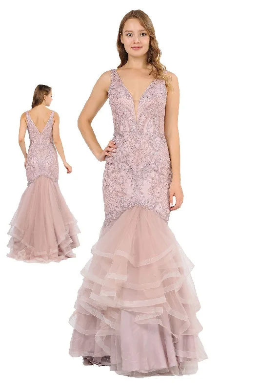 Long Embroidered V-Neck Mermaid Dress by Poly USA 8320