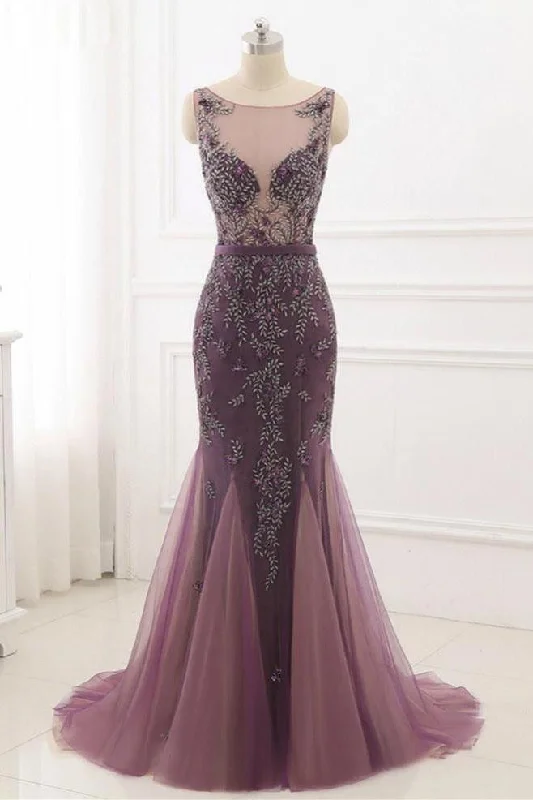 See Through Plum Mermaid Formal Evening Dress