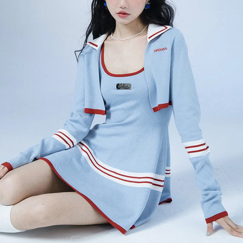 Bonnyshow Sweet Preppy Doll Collar Dress Women's Short-Sleeved Navy Style Mid-Length A- line Skirt Slim fit Slimming Dress