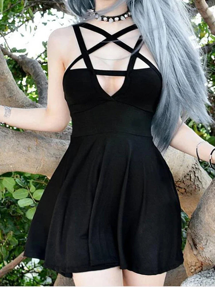 Bonnyshow New Retro Pentagram Strap Gothic Dress Women Punk Grunge Sexy A-Line Dark Summer Dresses Hot Sale Pleated Slim Street Style Bonnyshow New Retro Pentagram Strap Gothic Dress Women Punk Grunge Sexy A-Line Dark Summer Dresses Hot Sale Pleated Slim Street Style