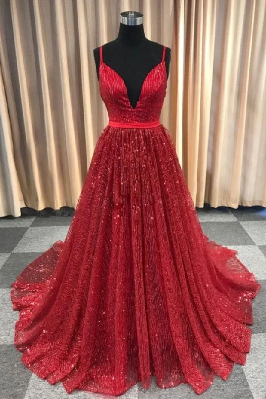 Red Sequins Plunge V-neck Spaghetti Strap Evening Dress Prom Dress