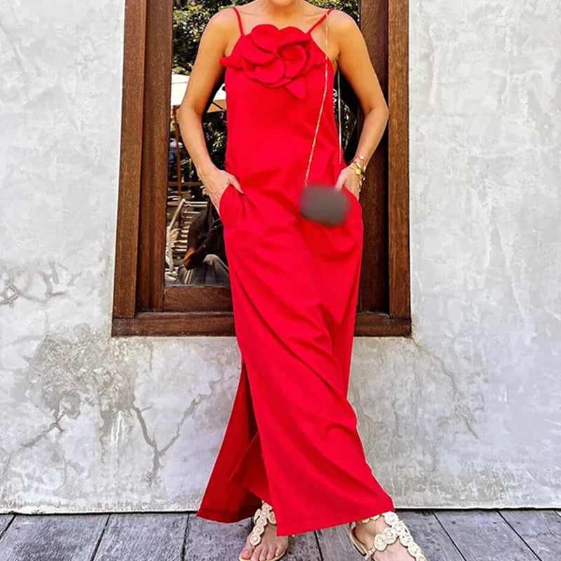 Bonnyshow Summer Solid Color Front Flower Design Slit Dress Sexy Off Shoulder Cotton Linen Sling Dress Women Sleeveless Beach Long Dresses Bonnyshow Summer Solid Color Front Flower Design Slit Dress Sexy Off Shoulder Cotton Linen Sling Dress Women Sleeveless Beach Long Dresses