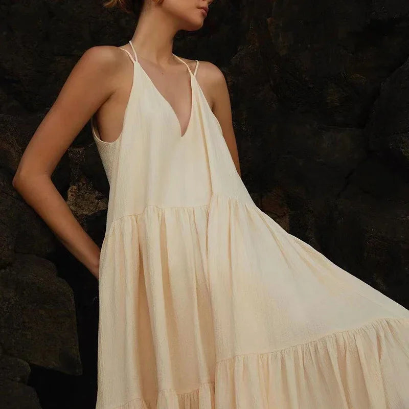 TAVIMART  -  Sexy Double V Neck Backless Cotton Camisole Dress Spring and Summer Women Simple Loose Ventilate Large Hem Vacation Derses
