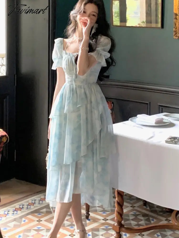 Tavimart Summer French Style For Women Elegent Party Midi Print Dress Female Fashion A Line Holiday Clothes Vestidos