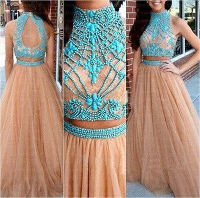 2024 Nude Long Two Piece Tulle Prom Dress with Turquoise Beading For Teens
