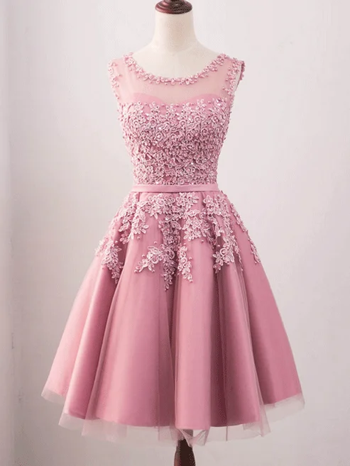 Vintage Jewel Neck Pink Lace Appliques Occasion Dress Modest Short Prom Dress