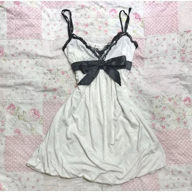 TAVIMART  -  Y2K solid color Women's dress retro casual summer chic lace harajuku emo girl street hip hop punk sweet bow cute suspender dress