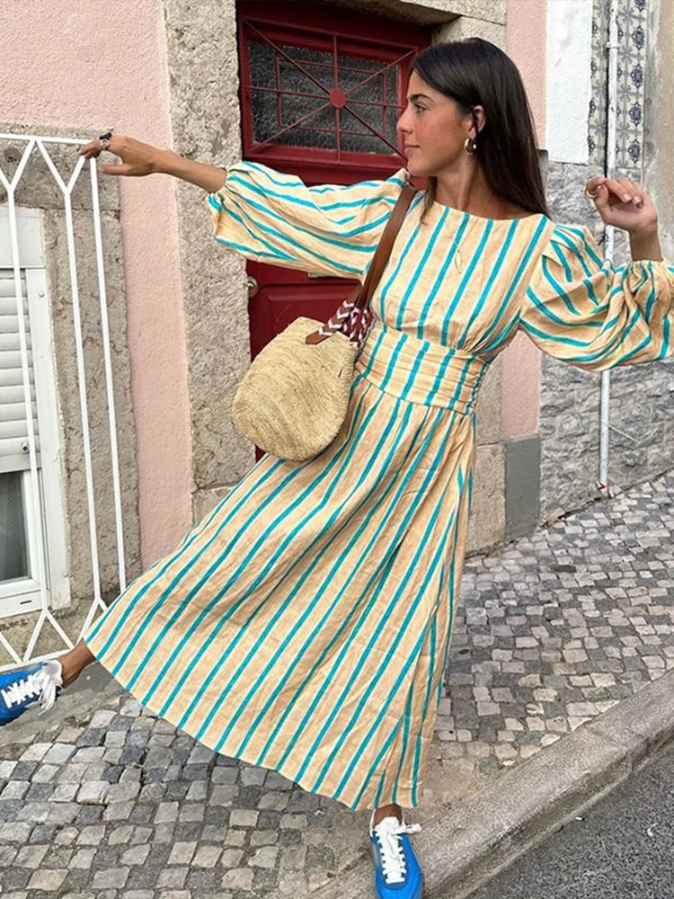 TAVIMART - Casual Stripes Long Dresses Women Loose Backless Lace Up Long Lantern Sleeve Dress Female Summer Fashion Streetwear Lady TAVIMART - Casual Stripes Long Dresses Women Loose Backless Lace Up Long Lantern Sleeve Dress Female Summer Fashion Streetwear Lady