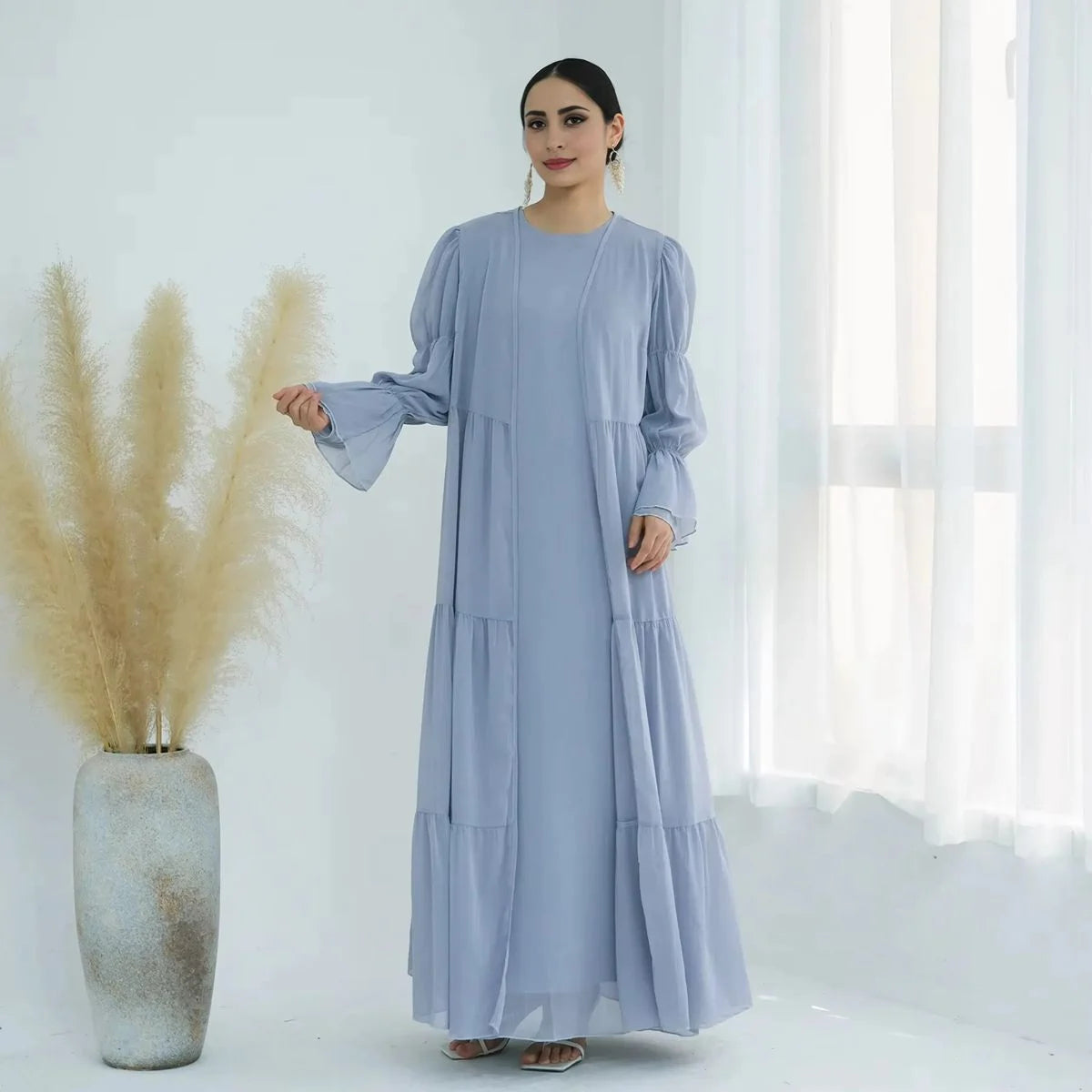 2 Pieces Set Chiffon Open Abaya Dress With Inner Dress #25866