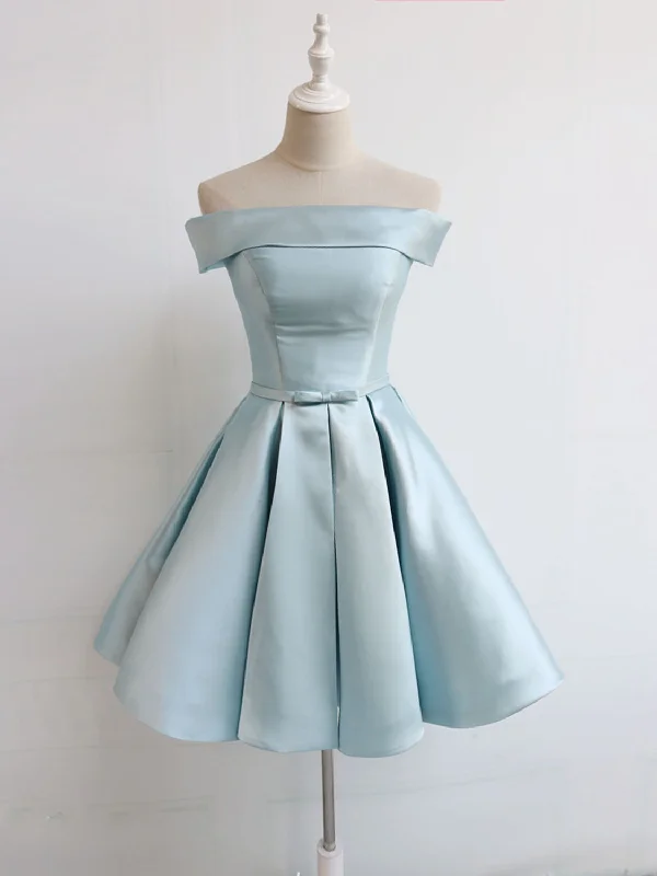 Light Blue Off The Shoulder Satin Homecoming Dress 8th Grade Dance Dress