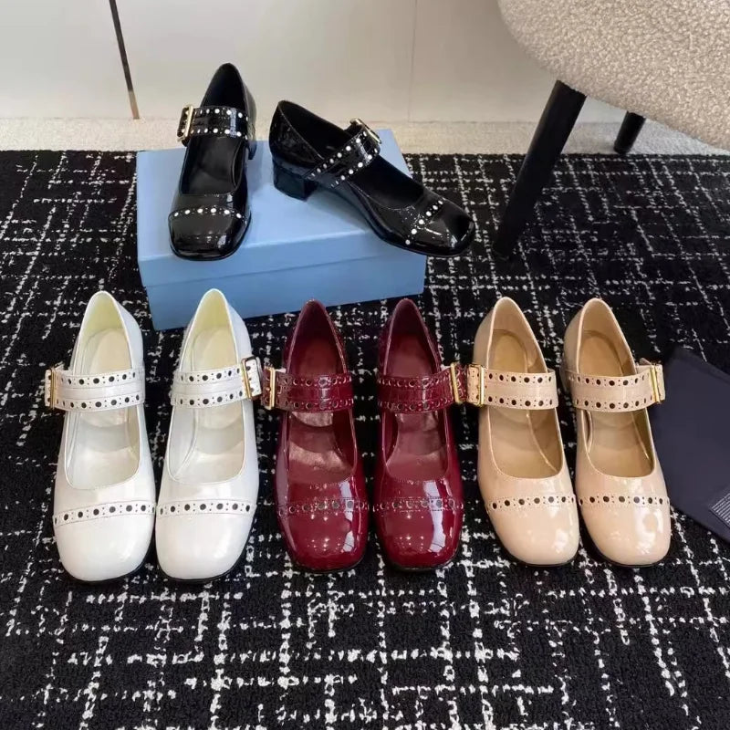 TAVIMART  -  French Mary Jane Thick Heel Women's Shoes Hollow Out Spring 2025 Fashion Patent Leather Metal Buckle Office Dress Pumps Vintage