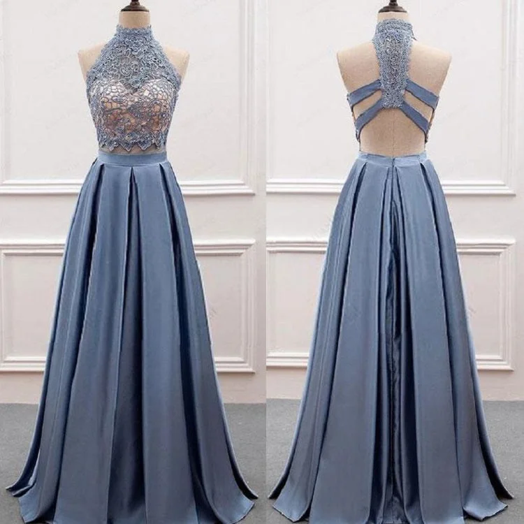 Dusty Blue Two Piece Lace Top Halter Neck Prom Dress| Graduation Dresses for 8th Grade