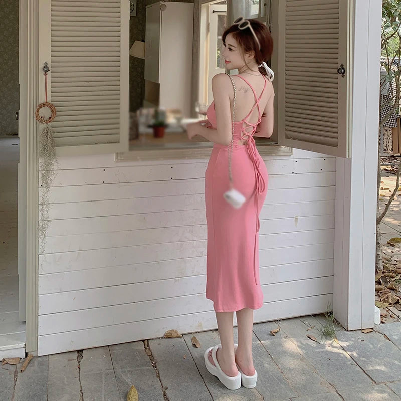 Bonnyshow Women's Long Dress Korean Version Summer Padded Bodycon Camisole Dress Backless Bonnyshow Women's Long Dress Korean Version Summer Padded Bodycon Camisole Dress Backless