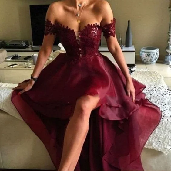 High Low Off The Shoulder Burgundy Lace Top Prom Dress