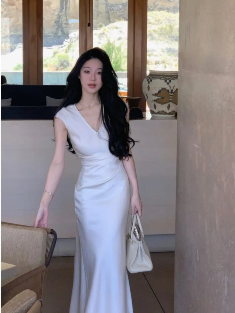 TAVIMART  -  Summer Elegant High Waist Mermaid Dress for Women Vintage Empire Evening Party Solid Dress Sleeveless V Neck Lady Clothing