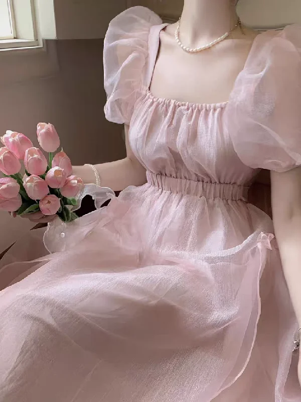 Bonnyshow Pink backless dress for women summer puff sleeve long dress