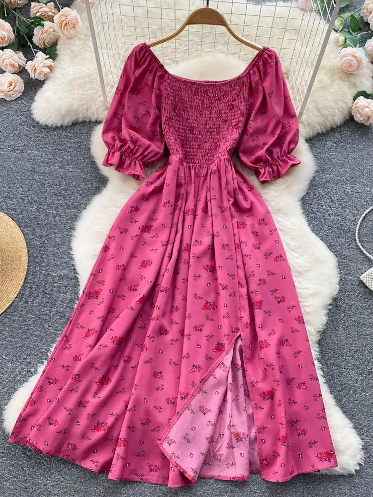 Bonnyshow Fast Shipping Women Dress Fashion Romantic Floral Print Split Long Summer Dress Puff Sleeve Party Korean Vestidos