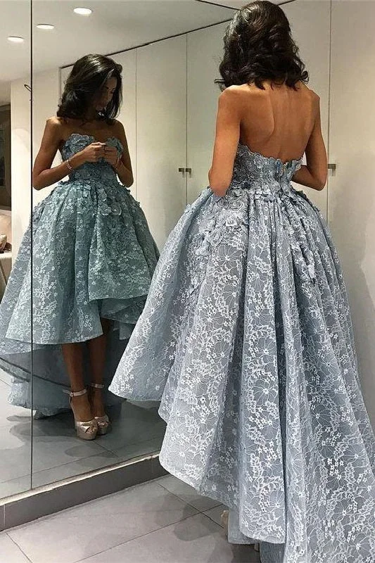 Strapless Hi-Lo Dusty Blue Lace Ball Gown Prom Dress