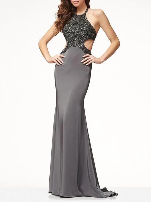 Halter Neck Backless Floor Evening Dress