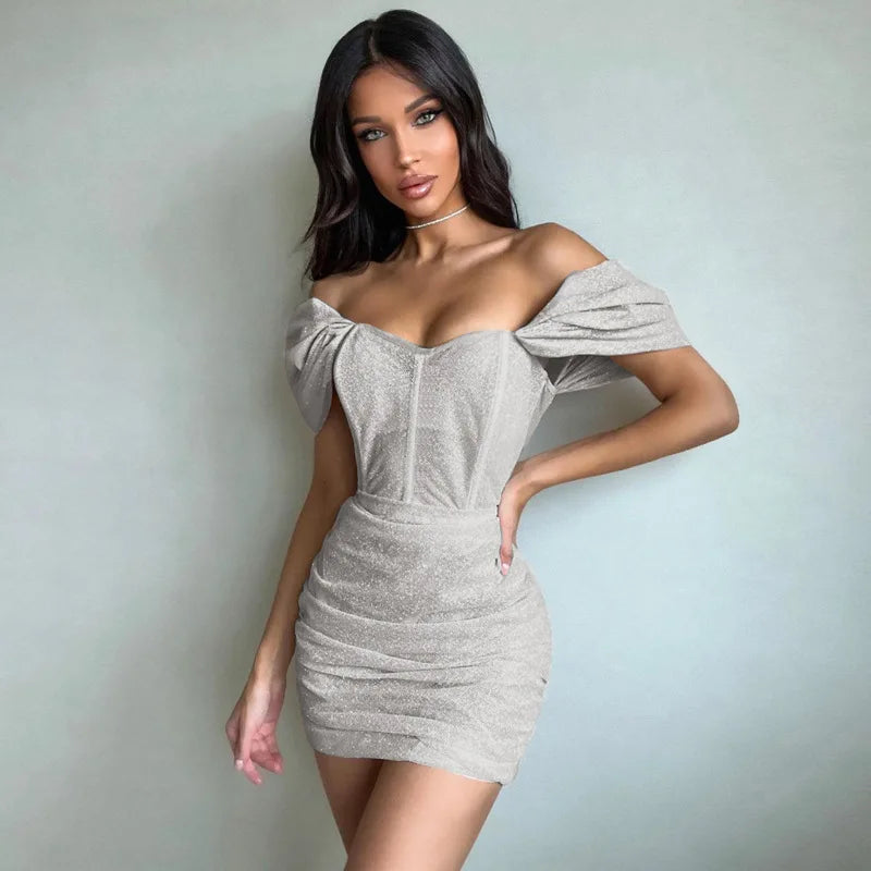 Bonnyshow Women Summer Dress Off Shoulder Short Sleeve High Waist Wrapped Silver / Black Midi Shoulder pleated sleeve hip dress Bonnyshow Women Summer Dress Off Shoulder Short Sleeve High Waist Wrapped Silver / Black Midi Shoulder pleated sleeve hip dress