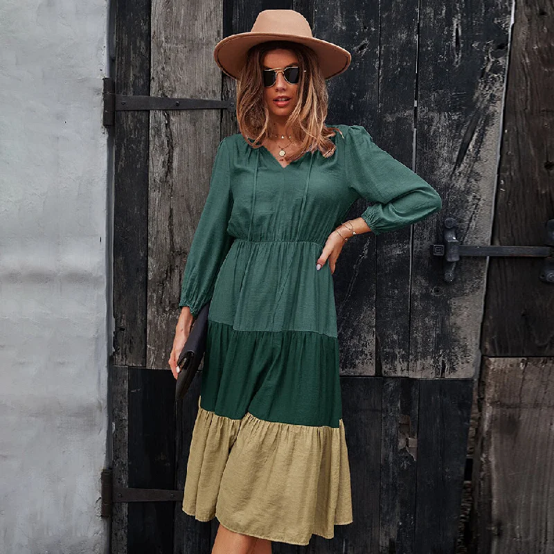 Long-sleeved Dress Stitching Large Skirt Leisure Holiday High Waist