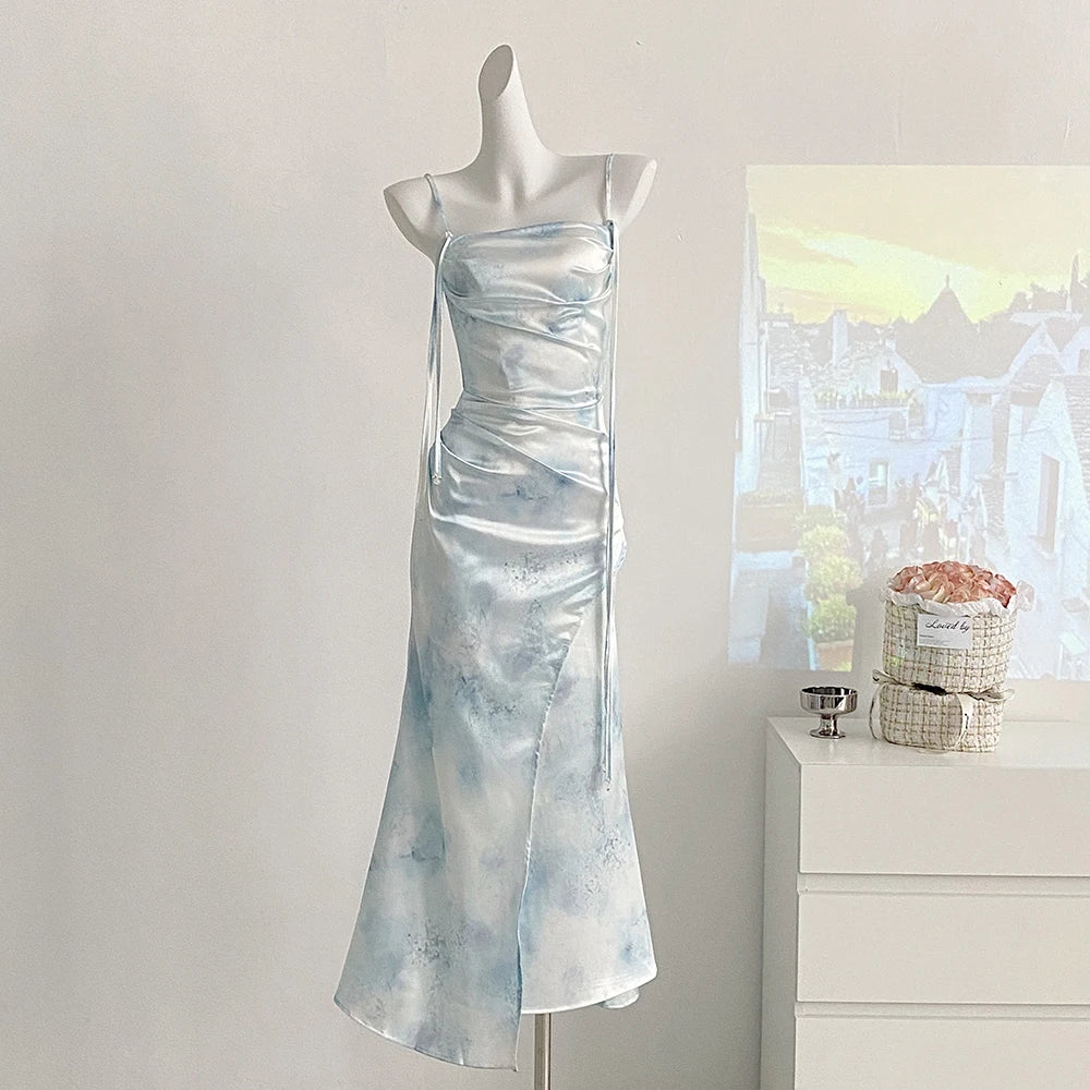 TAVIMART - New Chinese Blue Satin Printed Fishtail Vinage Dress for Women Summer Elegance High end Slimming Wrap Hip Long Suspender Dress TAVIMART - New Chinese Blue Satin Printed Fishtail Vinage Dress for Women Summer Elegance High end Slimming Wrap Hip Long Suspender Dress